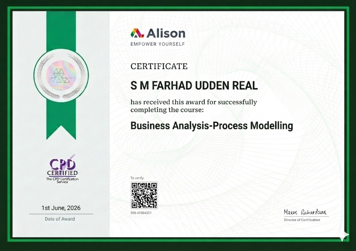 Alison Certificate - S M Farhad Udden Real - Business Analysis-Process Modelling